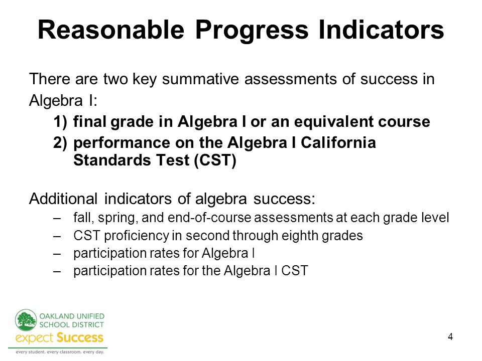 4 Reasonable Progress Indicators There are two key summative assessments of success in Algebra I: 1)final grade in Algebra I or an equivalent course 2)performance on the Algebra I California Standards Test (CST) Additional indicators of algebra success: –fall, spring, and end-of-course assessments at each grade level –CST proficiency in second through eighth grades –participation rates for Algebra I –participation rates for the Algebra I CST