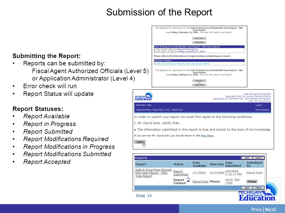 PrevNext | Slide 14 Submission of the Report Submitting the Report: Reports can be submitted by: Fiscal Agent Authorized Officials (Level 5) or Application Administrator (Level 4) Error check will run Report Status will update Report Statuses: Report Available Report in Progress Report Submitted Report Modifications Required Report Modifications in Progress Report Modifications Submitted Report Accepted