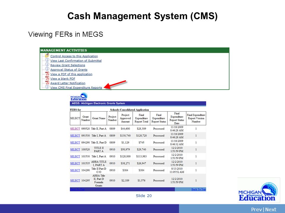 PrevNext | Slide 20 Cash Management System (CMS) Viewing FERs in MEGS