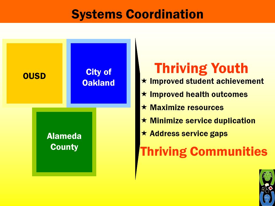 Health Risk Behaviors Systems Coordination OUSD City of Oakland Alameda County Improved student achievement Improved health outcomes Maximize resources Minimize service duplication Address service gaps Thriving Youth Thriving Communities