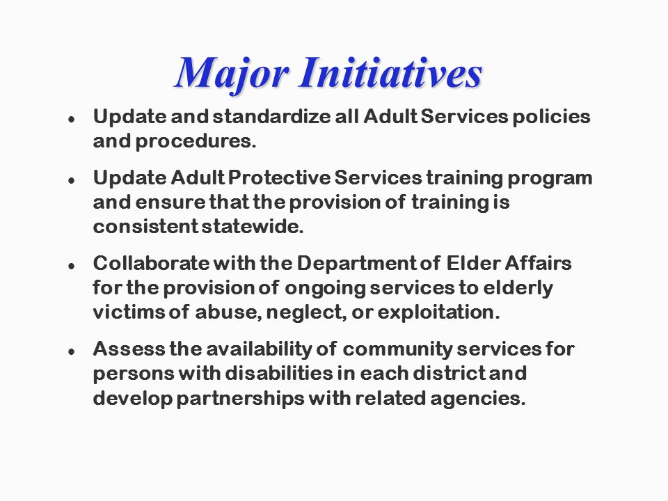 Major Initiatives Update and standardize all Adult Services policies and procedures.