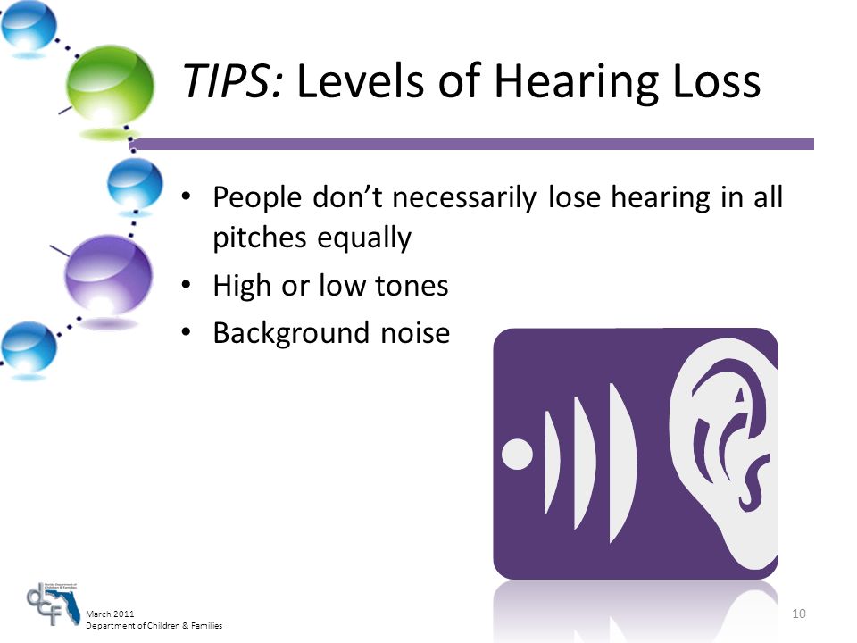 March 2011 Department of Children & Families TIPS: Levels of Hearing Loss People dont necessarily lose hearing in all pitches equally High or low tones Background noise 10