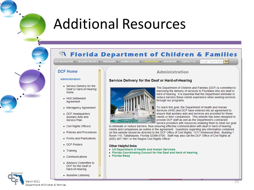 March 2011 Department of Children & Families Additional Resources 21 DCF Internet: