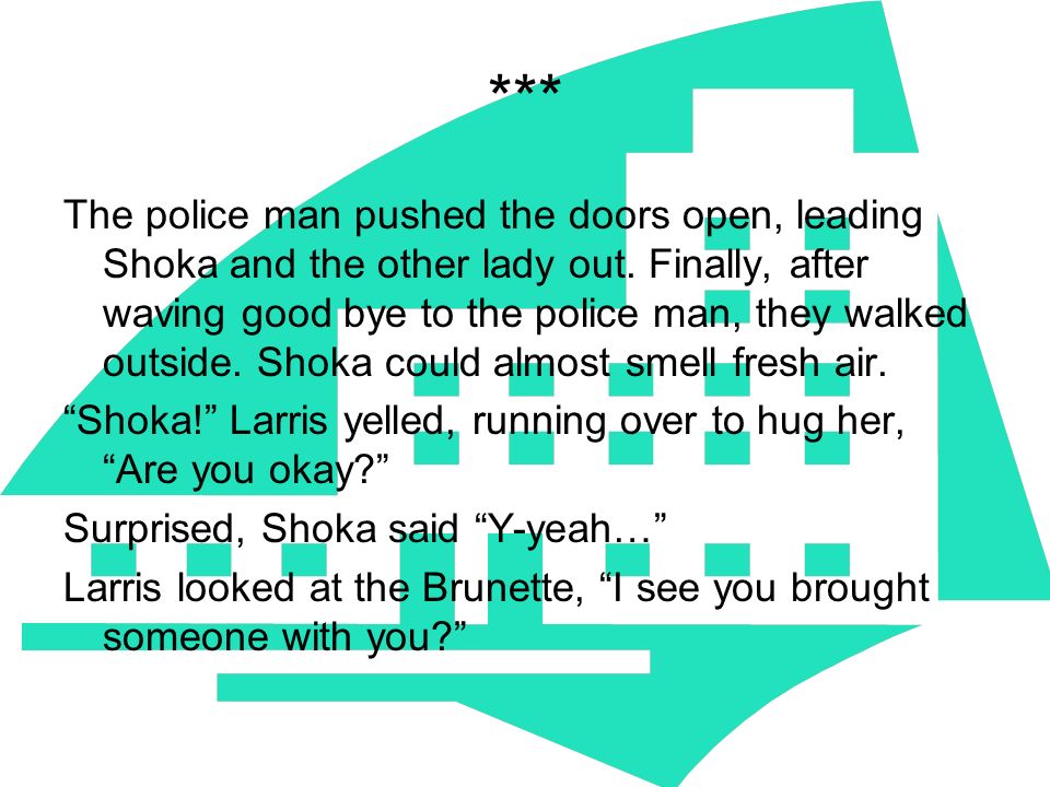 *** The police man pushed the doors open, leading Shoka and the other lady out.