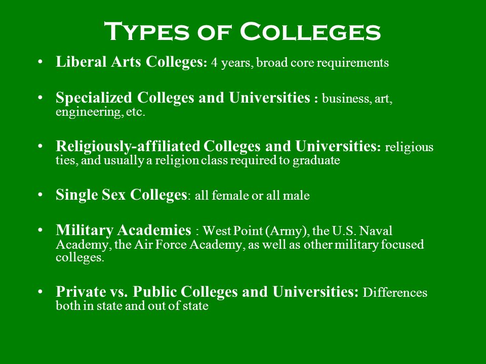 Types of Colleges Liberal Arts Colleges : 4 years, broad core requirements Specialized Colleges and Universities : business, art, engineering, etc.