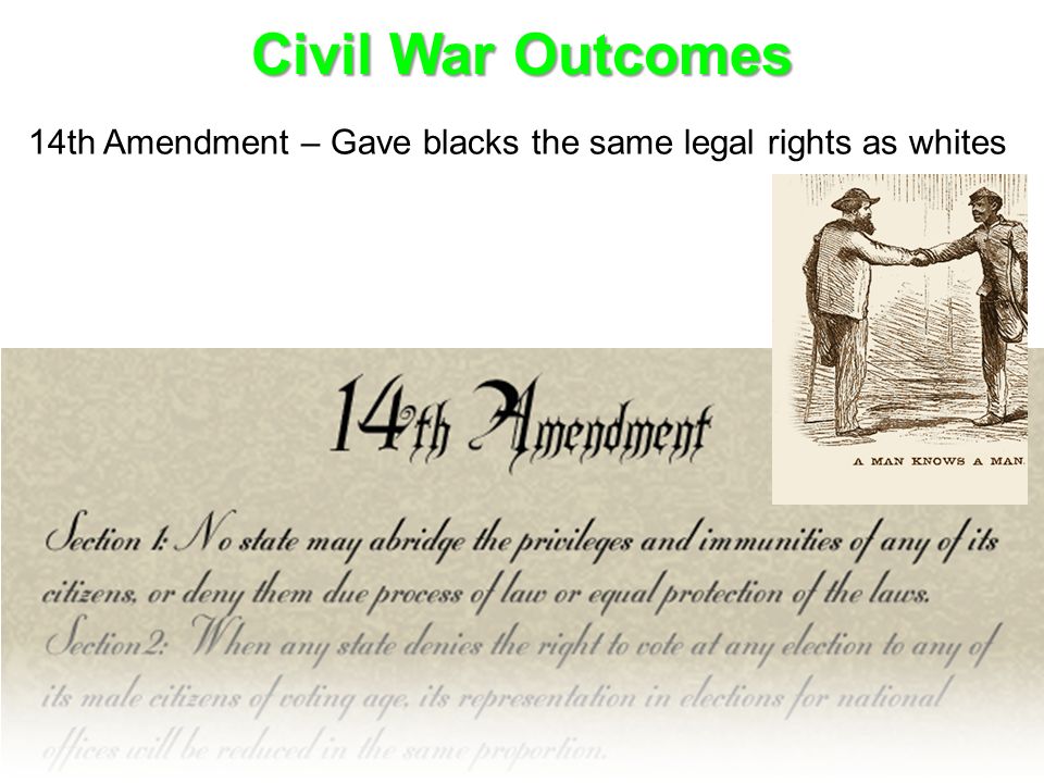 Civil War Outcomes 14th Amendment – Gave blacks the same legal rights as whites