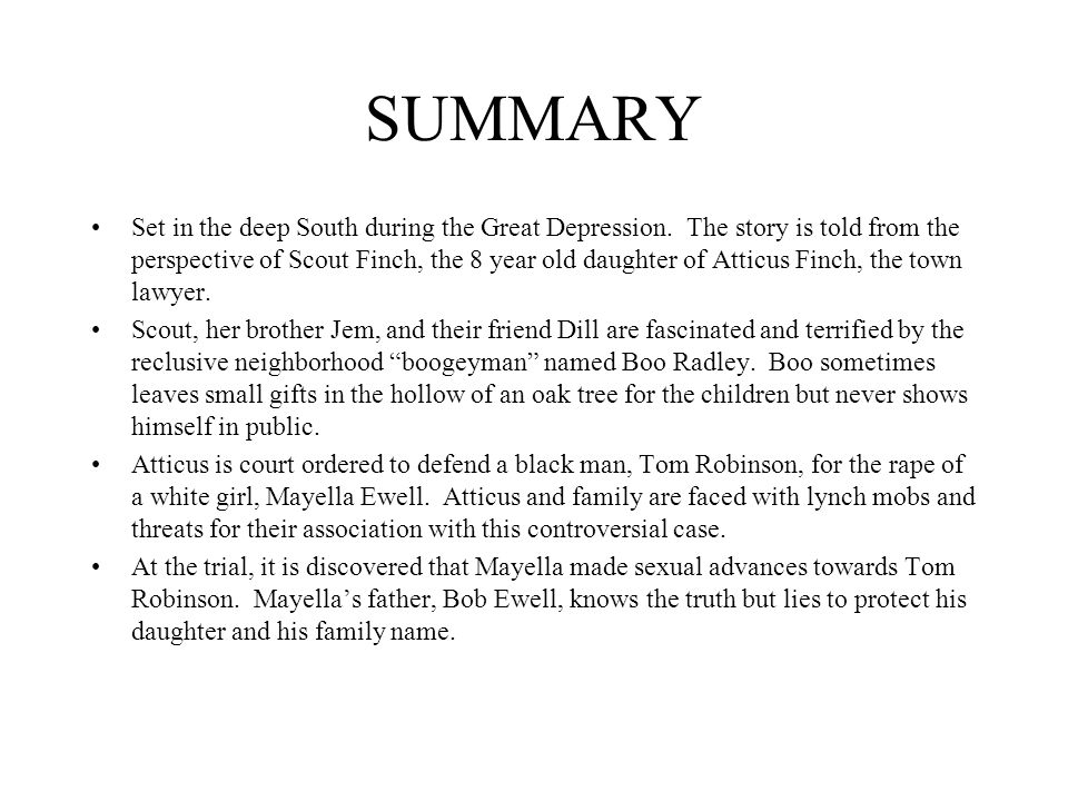 SUMMARY Set in the deep South during the Great Depression.