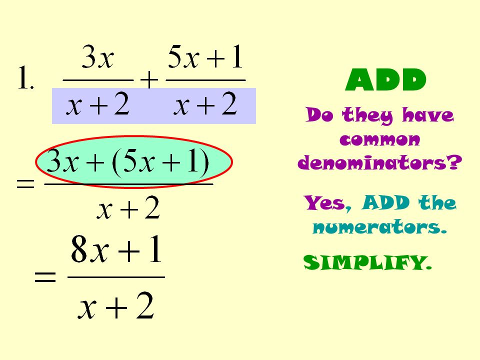 ADD Do they have common denominators Yes, ADD the numerators. SIMPLIFY.