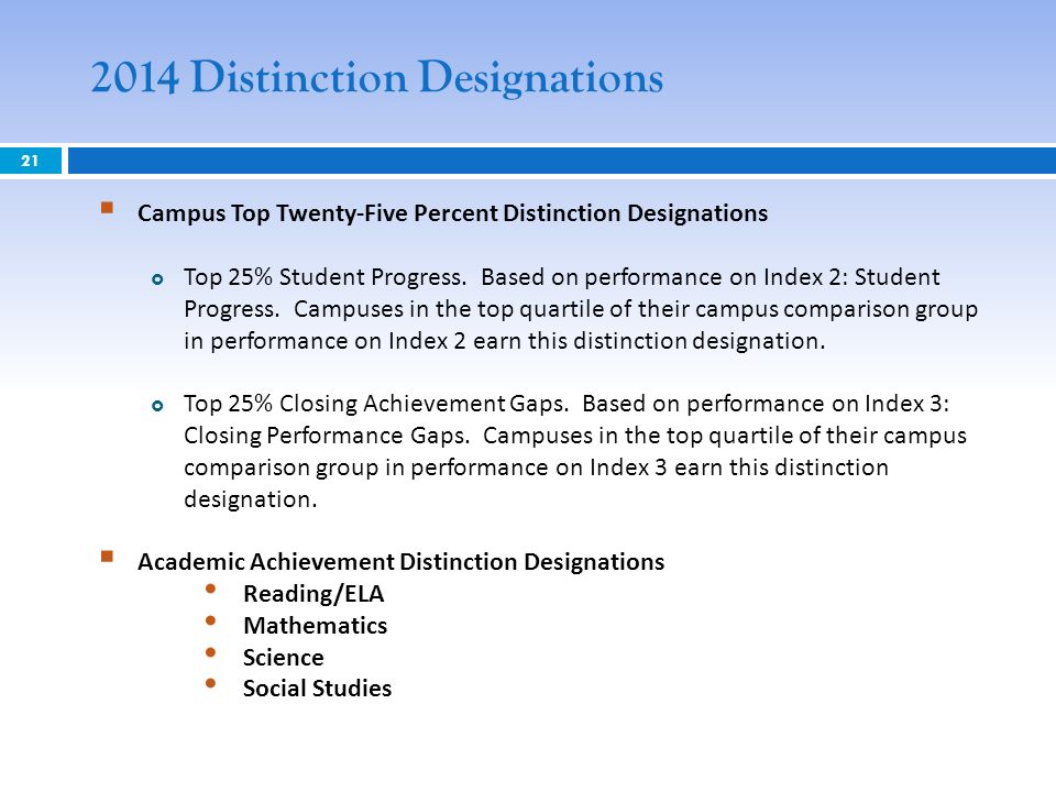 Distinction Designations Campus Top Twenty-Five Percent Distinction Designations Top 25% Student Progress.