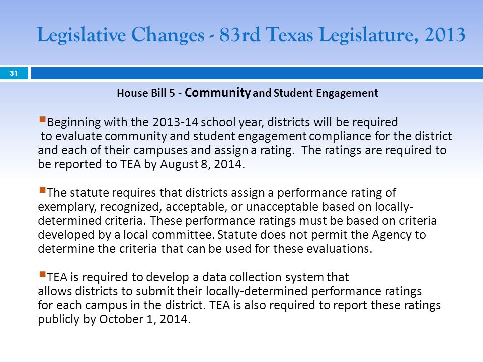 House Bill 5 - Community and Student Engagement Beginning with the school year, districts will be required to evaluate community and student engagement compliance for the district and each of their campuses and assign a rating.