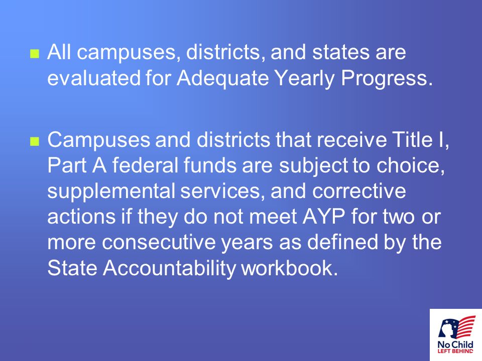 10 # All campuses, districts, and states are evaluated for Adequate Yearly Progress.