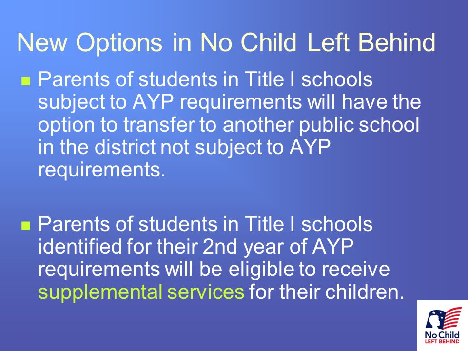 12 # New Options in No Child Left Behind Parents of students in Title I schools subject to AYP requirements will have the option to transfer to another public school in the district not subject to AYP requirements.