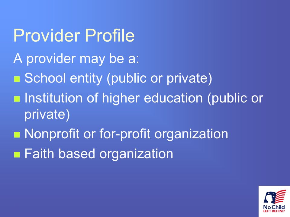19 # Provider Profile A provider may be a: School entity (public or private) Institution of higher education (public or private) Nonprofit or for-profit organization Faith based organization