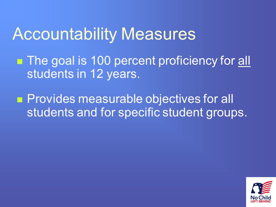 3 # Accountability Measures The goal is 100 percent proficiency for all students in 12 years.