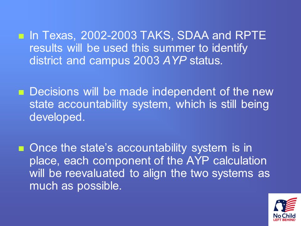 4 # In Texas, TAKS, SDAA and RPTE results will be used this summer to identify district and campus 2003 AYP status.