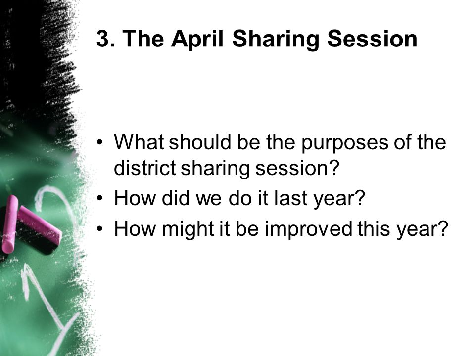 3. The April Sharing Session What should be the purposes of the district sharing session.