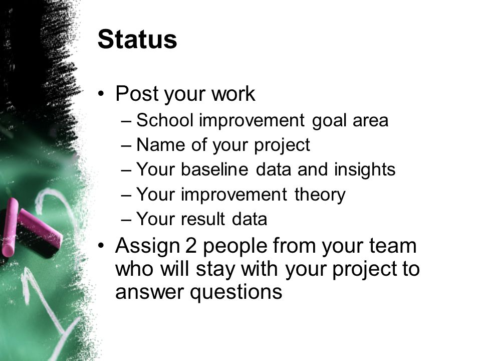 Status Post your work –School improvement goal area –Name of your project –Your baseline data and insights –Your improvement theory –Your result data Assign 2 people from your team who will stay with your project to answer questions