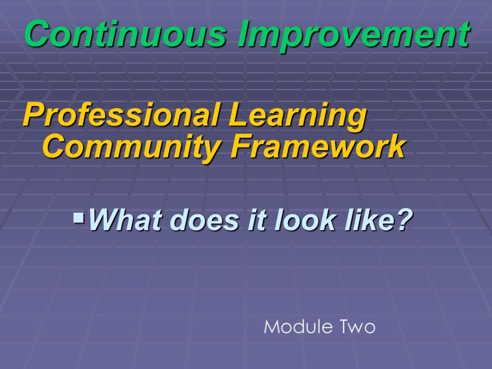 Continuous Improvement Professional Learning Community Framework What does it look like.
