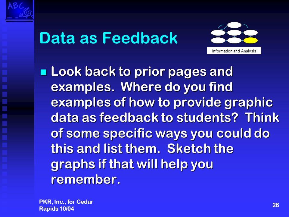 PKR, Inc., for Cedar Rapids 10/04 26 Data as Feedback Look back to prior pages and examples.