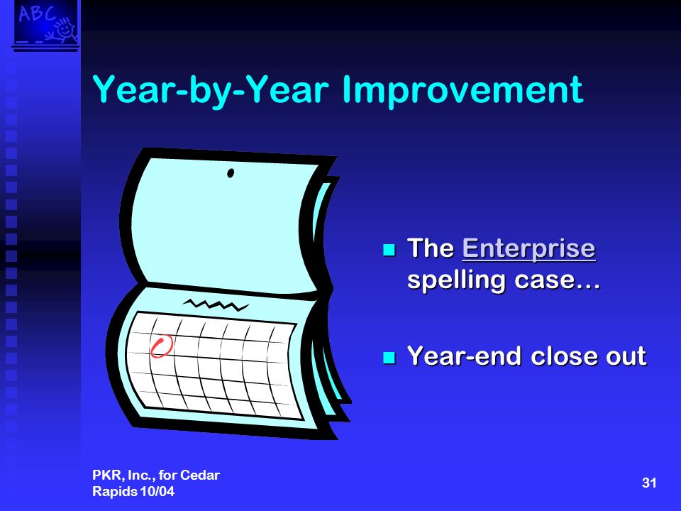 PKR, Inc., for Cedar Rapids 10/04 31 Year-by-Year Improvement The Enterprise spelling case…Enterprise Year-end close out