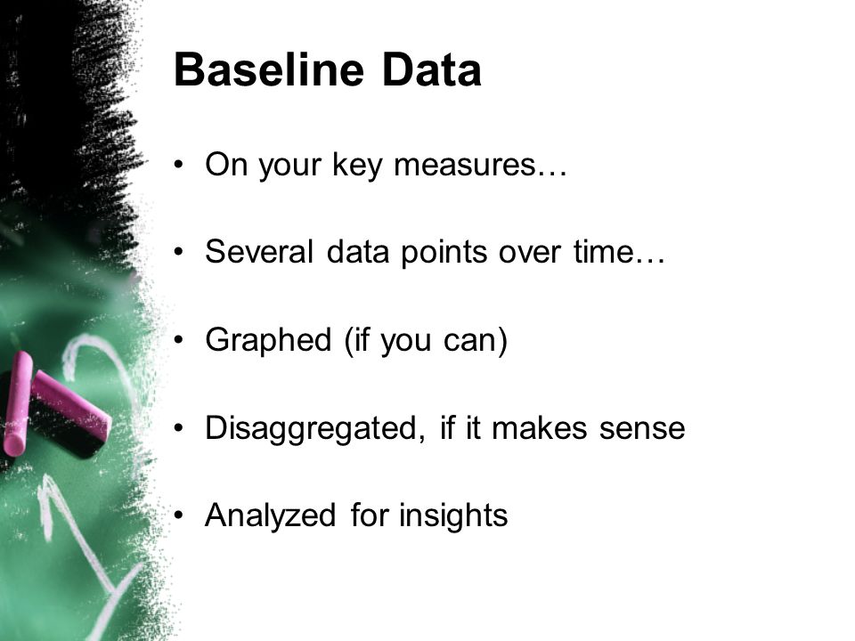 Baseline Data On your key measures… Several data points over time… Graphed (if you can) Disaggregated, if it makes sense Analyzed for insights