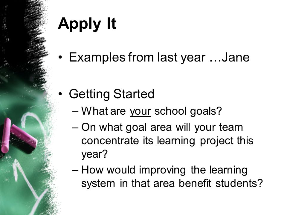 Apply It Examples from last year …Jane Getting Started –What are your school goals.
