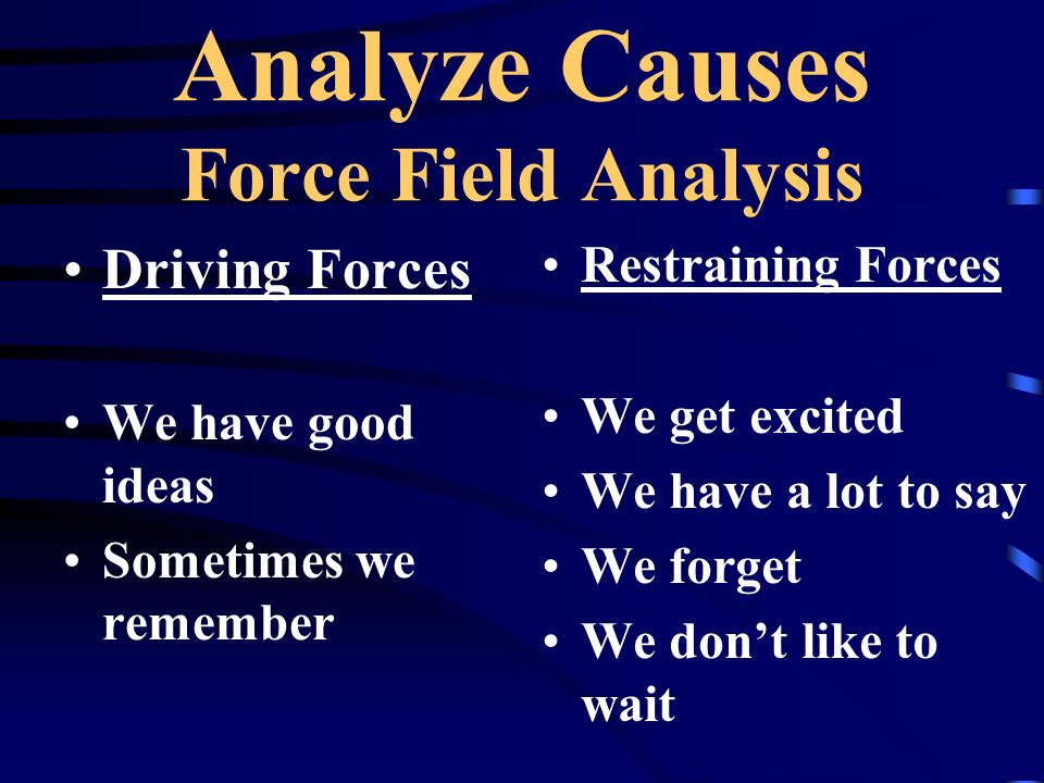 Analyze Causes Force Field Analysis Driving Forces We have good ideas Sometimes we remember Restraining Forces We get excited We have a lot to say We forget We dont like to wait