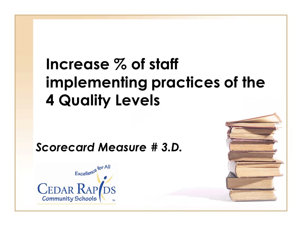 Increase % of staff implementing practices of the 4 Quality Levels Scorecard Measure # 3.D.