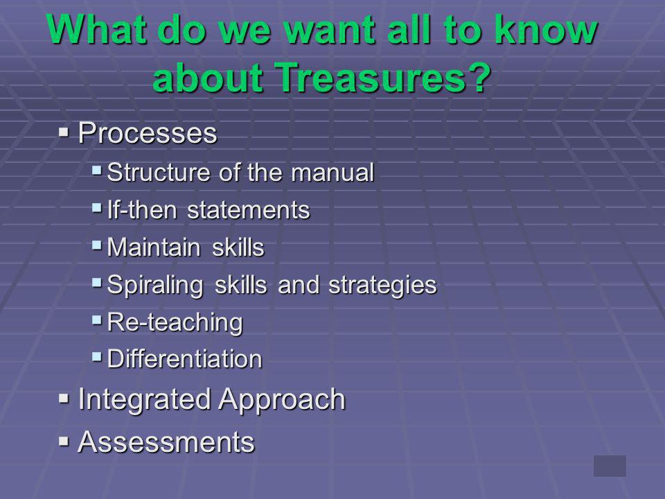 Processes Processes Structure of the manual Structure of the manual If-then statements If-then statements Maintain skills Maintain skills Spiraling skills and strategies Spiraling skills and strategies Re-teaching Re-teaching Differentiation Differentiation Integrated Approach Integrated Approach Assessments Assessments What do we want all to know about Treasures