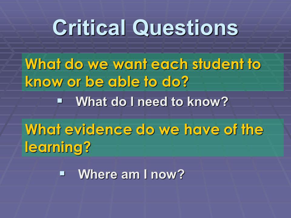 Critical Questions What evidence do we have of the learning.