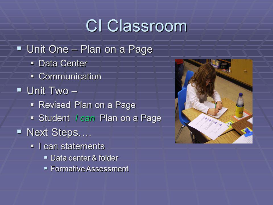 CI Classroom Unit One – Plan on a Page Unit One – Plan on a Page Data Center Data Center Communication Communication Unit Two – Unit Two – Revised Plan on a Page Revised Plan on a Page Student I can Plan on a Page Student I can Plan on a Page Next Steps….