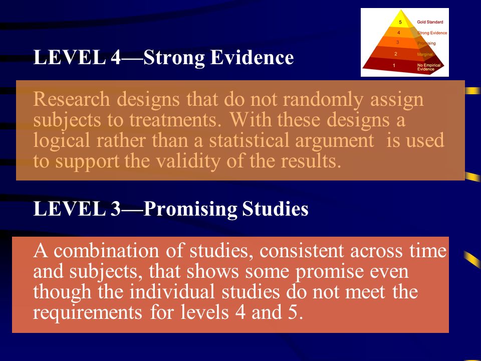 LEVEL 4Strong Evidence Research designs that do not randomly assign subjects to treatments.