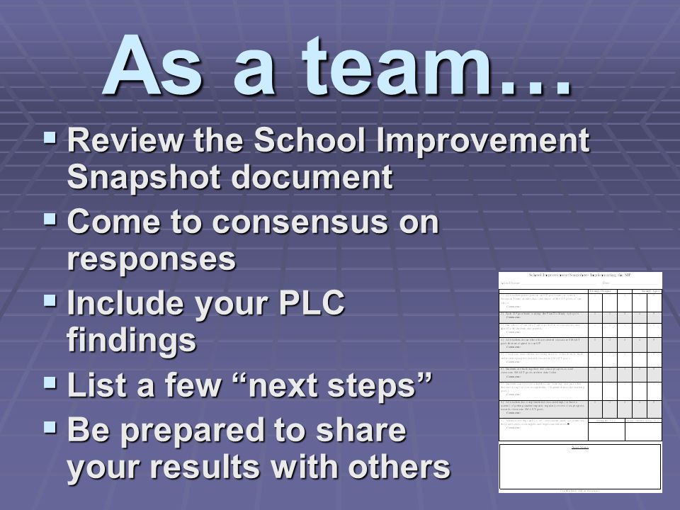 As a team… Review the School Improvement Snapshot document Review the School Improvement Snapshot document Come to consensus on responses Come to consensus on responses Include your PLC findings Include your PLC findings List a few next steps List a few next steps Be prepared to share your results with others Be prepared to share your results with others