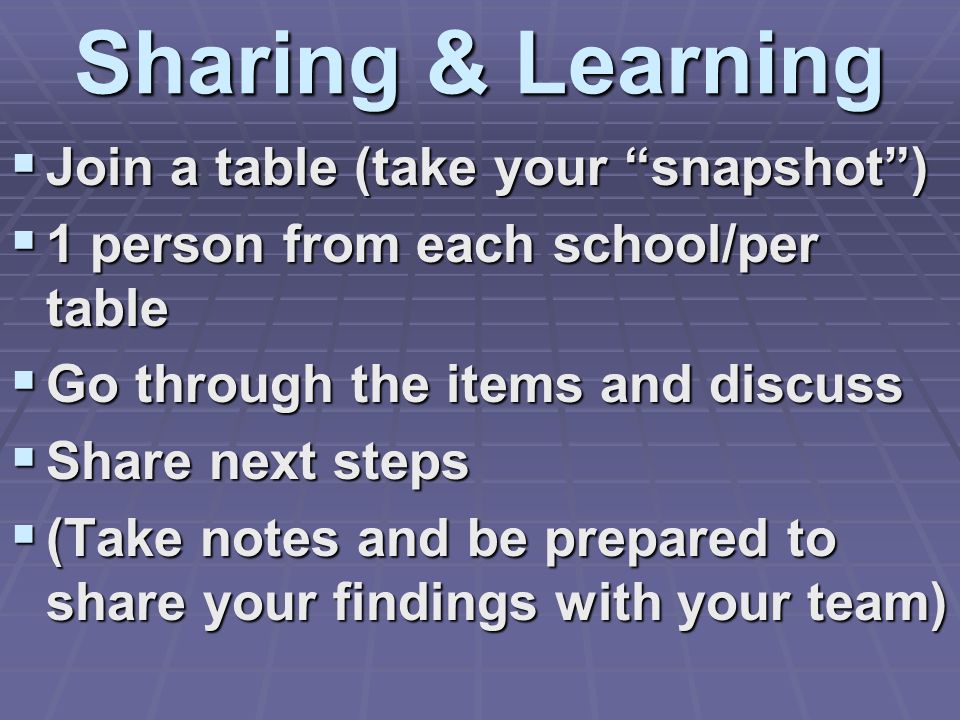 Sharing & Learning Join a table (take your snapshot) Join a table (take your snapshot) 1 person from each school/per table 1 person from each school/per table Go through the items and discuss Go through the items and discuss Share next steps Share next steps (Take notes and be prepared to share your findings with your team) (Take notes and be prepared to share your findings with your team)