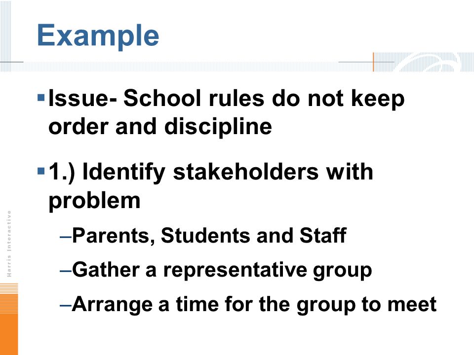 Example Issue- School rules do not keep order and discipline 1.) Identify stakeholders with problem –Parents, Students and Staff –Gather a representative group –Arrange a time for the group to meet