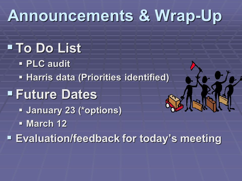 Announcements & Wrap-Up To Do List To Do List PLC audit PLC audit Harris data (Priorities identified) Harris data (Priorities identified) Future Dates Future Dates January 23 (*options) January 23 (*options) March 12 March 12 Evaluation/feedback for todays meeting Evaluation/feedback for todays meeting