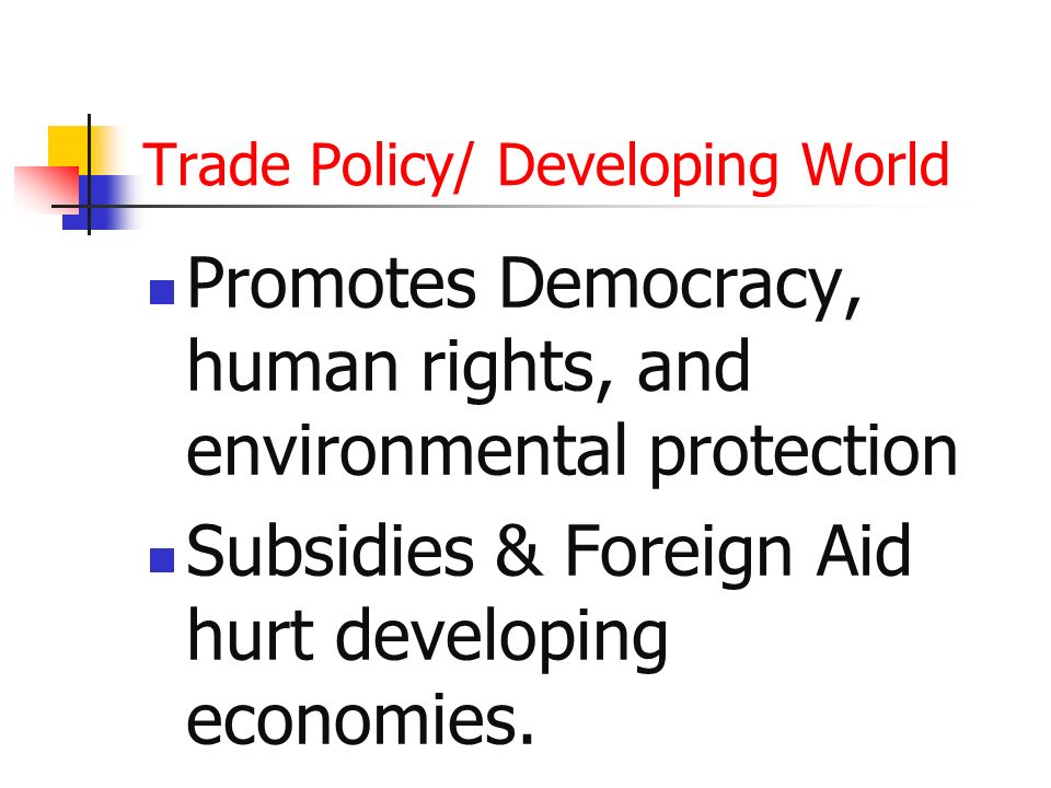 Trade Policy/ Developing World Promotes Democracy, human rights, and environmental protection Subsidies & Foreign Aid hurt developing economies.