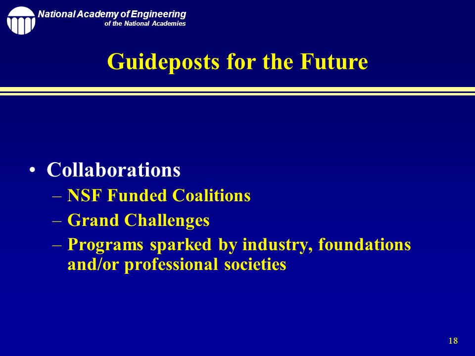 National Academy of Engineering of the National Academies 18 Guideposts for the Future Collaborations –NSF Funded Coalitions –Grand Challenges –Programs sparked by industry, foundations and/or professional societies