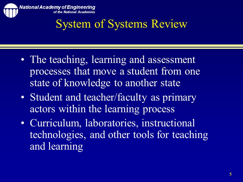 National Academy of Engineering of the National Academies 5 System of Systems Review The teaching, learning and assessment processes that move a student from one state of knowledge to another state Student and teacher/faculty as primary actors within the learning process Curriculum, laboratories, instructional technologies, and other tools for teaching and learning