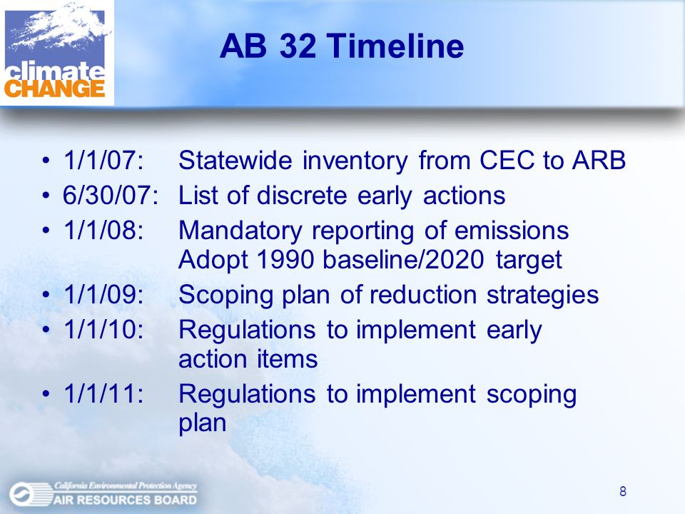 8 AB 32 Timeline 1/1/07:Statewide inventory from CEC to ARB 6/30/07:List of discrete early actions 1/1/08:Mandatory reporting of emissions Adopt 1990 baseline/2020 target 1/1/09:Scoping plan of reduction strategies 1/1/10:Regulations to implement early action items 1/1/11:Regulations to implement scoping plan