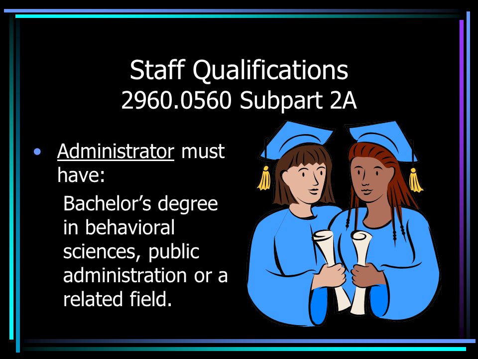 Staff Qualifications Subpart 2A Administrator must have: Bachelors degree in behavioral sciences, public administration or a related field.
