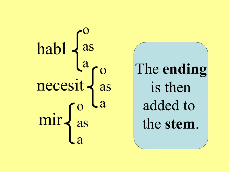 habl necesit mir The ending is then added to the stem. o as a