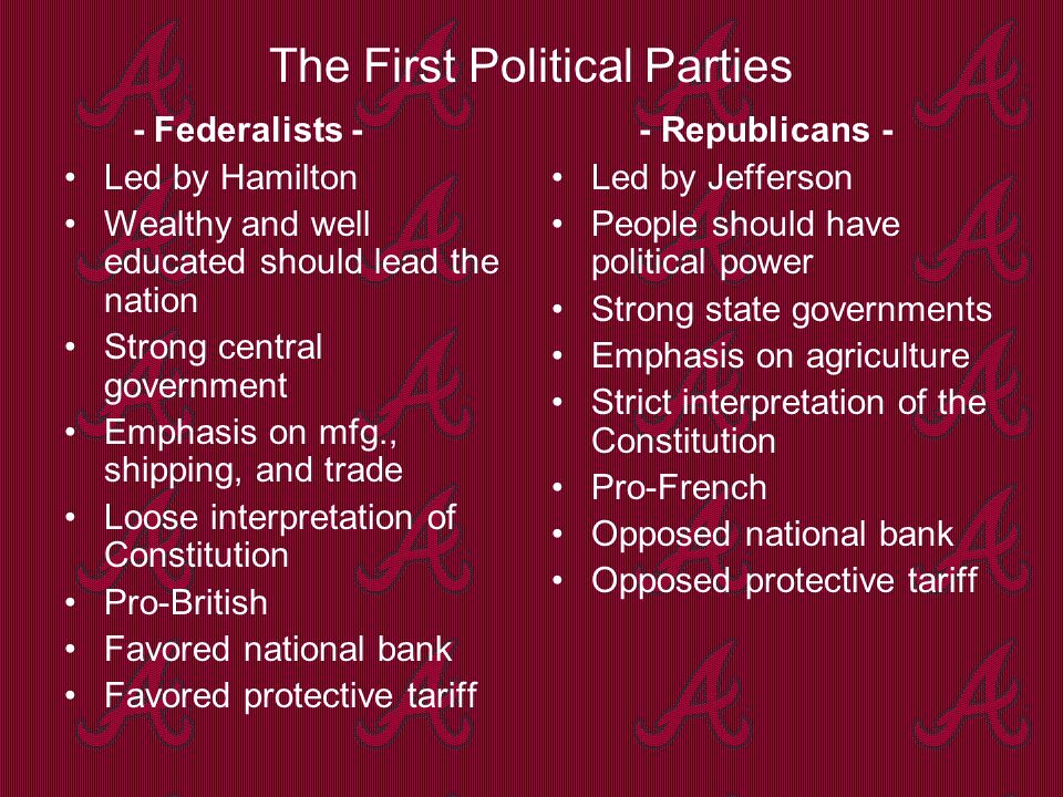 The First Political Parties - Federalists - Led by Hamilton Wealthy and well educated should lead the nation Strong central government Emphasis on mfg., shipping, and trade Loose interpretation of Constitution Pro-British Favored national bank Favored protective tariff - Republicans - Led by Jefferson People should have political power Strong state governments Emphasis on agriculture Strict interpretation of the Constitution Pro-French Opposed national bank Opposed protective tariff