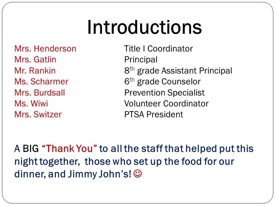 Introductions Mrs. HendersonTitle I Coordinator Mrs.