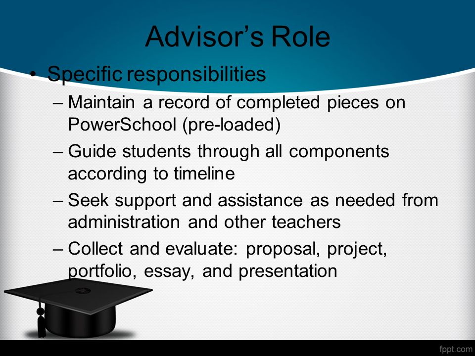Advisors Role Specific responsibilities –Maintain a record of completed pieces on PowerSchool (pre-loaded) –Guide students through all components according to timeline –Seek support and assistance as needed from administration and other teachers –Collect and evaluate: proposal, project, portfolio, essay, and presentation