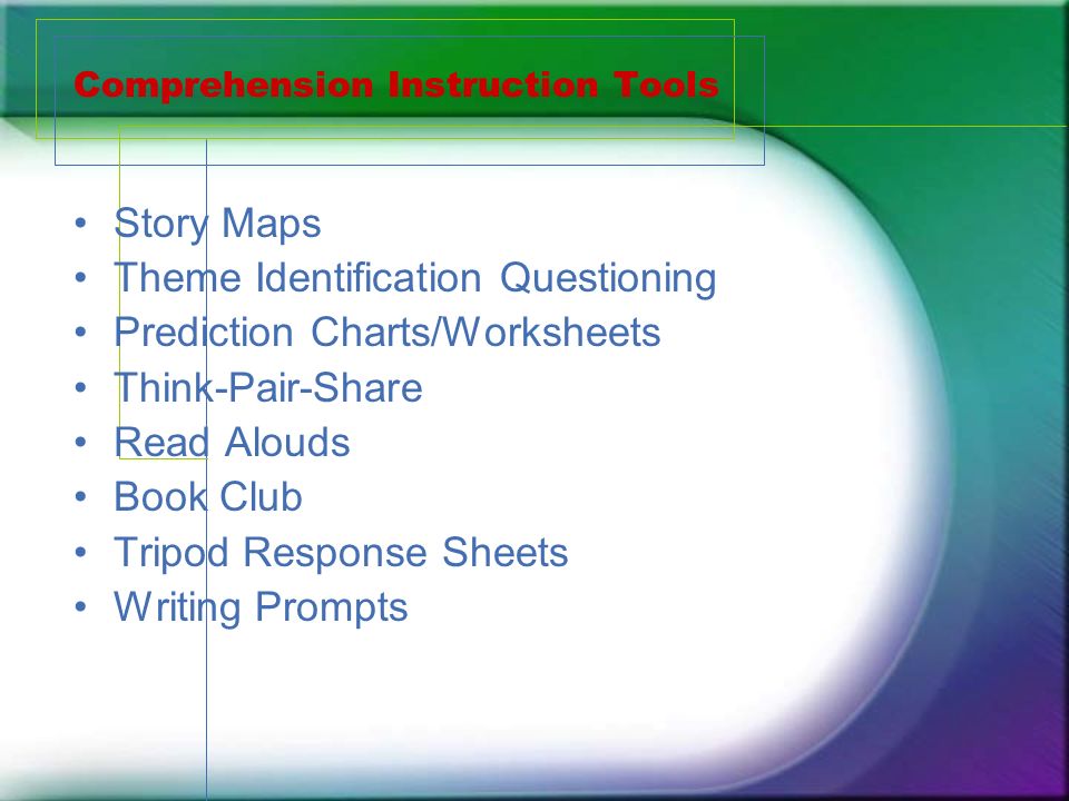 Comprehension Instruction Tools Story Maps Theme Identification Questioning Prediction Charts/Worksheets Think-Pair-Share Read Alouds Book Club Tripod Response Sheets Writing Prompts