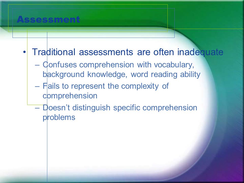 Assessment Traditional assessments are often inadequate –Confuses comprehension with vocabulary, background knowledge, word reading ability –Fails to represent the complexity of comprehension –Doesnt distinguish specific comprehension problems