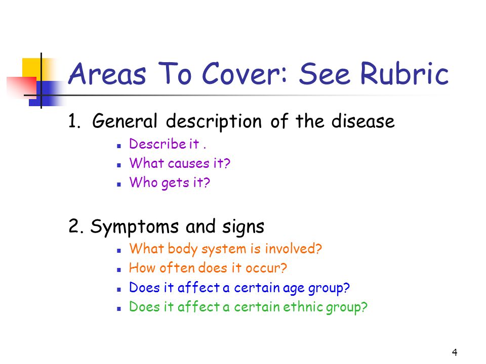 4 Areas To Cover: See Rubric 1. General description of the disease Describe it.