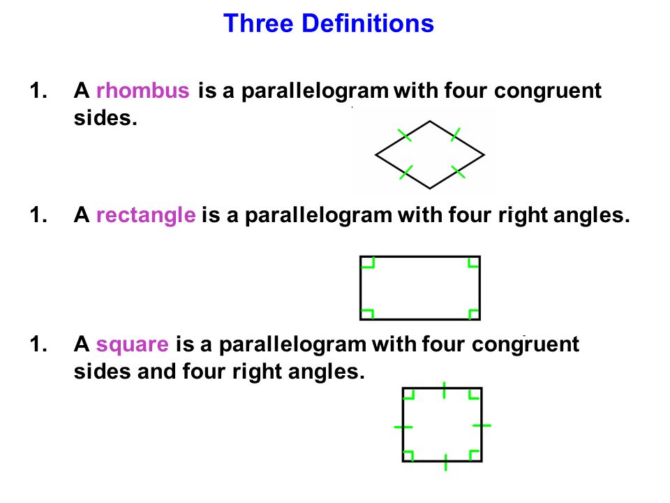 6 3 4 Rhombuses Rectangles And Squares Three Definitions 1 A Rhombus Is A Parallelogram With Four Congruent Sides 1 A Rectangle Is A Parallelogram Ppt Download