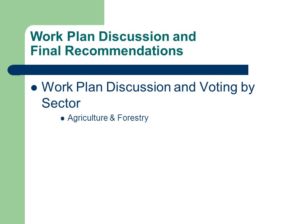 Work Plan Discussion and Final Recommendations Work Plan Discussion and Voting by Sector Agriculture & Forestry
